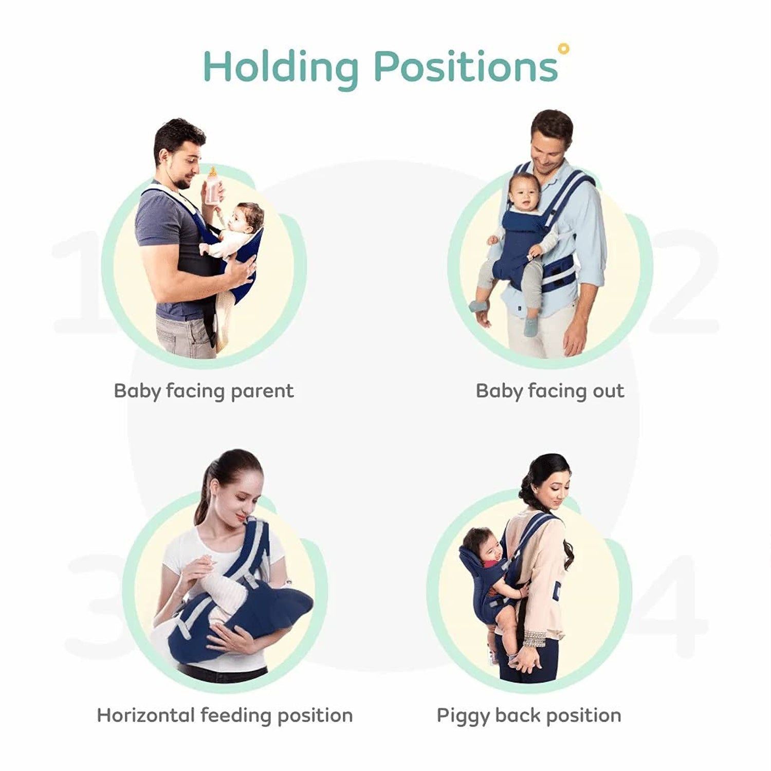 Baby holder carrier with adjustable sling and four modes of use, designed for ease. Baby holder carrier with adjustable sling and four modes of use, designed for ease.